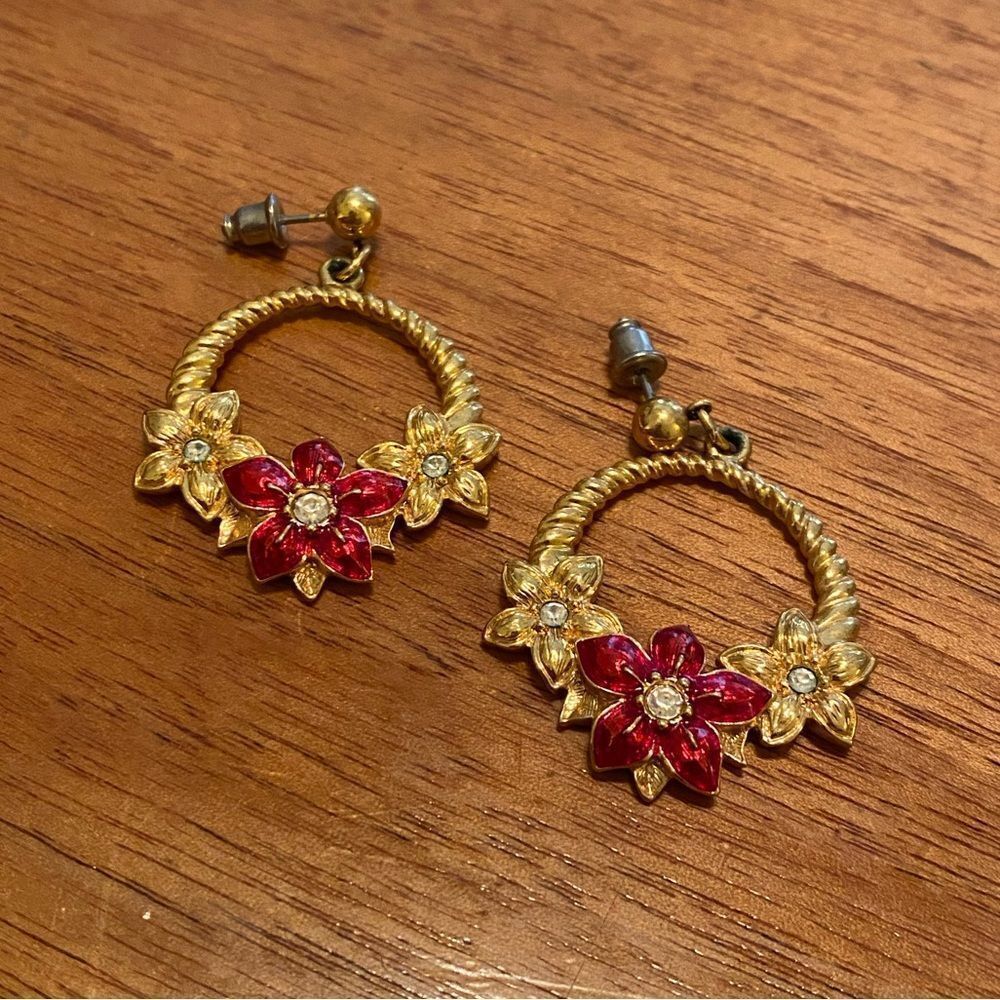 Vintage Red & Gold Flower Earrings Floral Retro Statement Jewelry Holiday Style